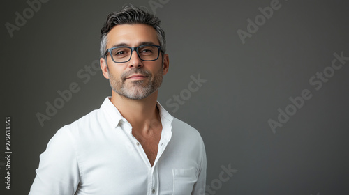 Retraro de hombre con gafas y ligera sonrisa en su rostro. Vestido con camisa de color claro en una pose de tres cuartos. Elegante en un entorno corporativo.