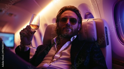 a businessman is holding a glass of wine sitting in private jet flight