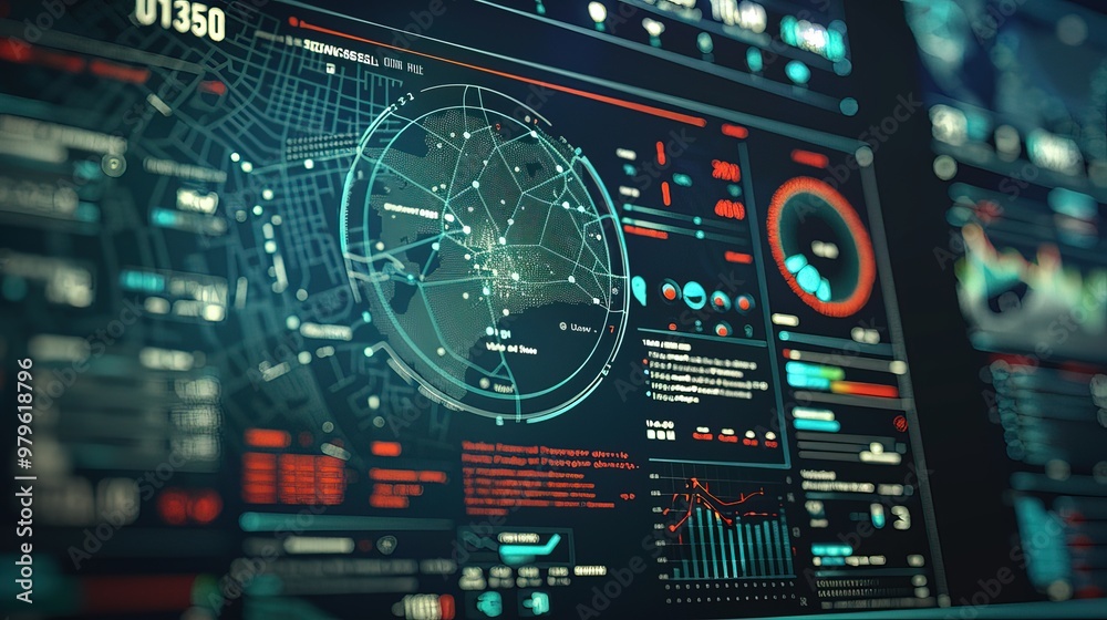 Futuristic digital interface with real-time crime prediction data, map highlighting high-risk areas and crime trends, clean dark background emphasizing advanced technology. Futuristic digital interface with real-time crime prediction data, map highlighting high-risk areas and crime trends, clean dark background emphasizing advanced technology.