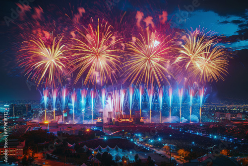Spectacular fireworks show brightens the night sky during the Super Bowl halftime, enchanting fans with vibrant colors and sparkling lights to celebrate the event
