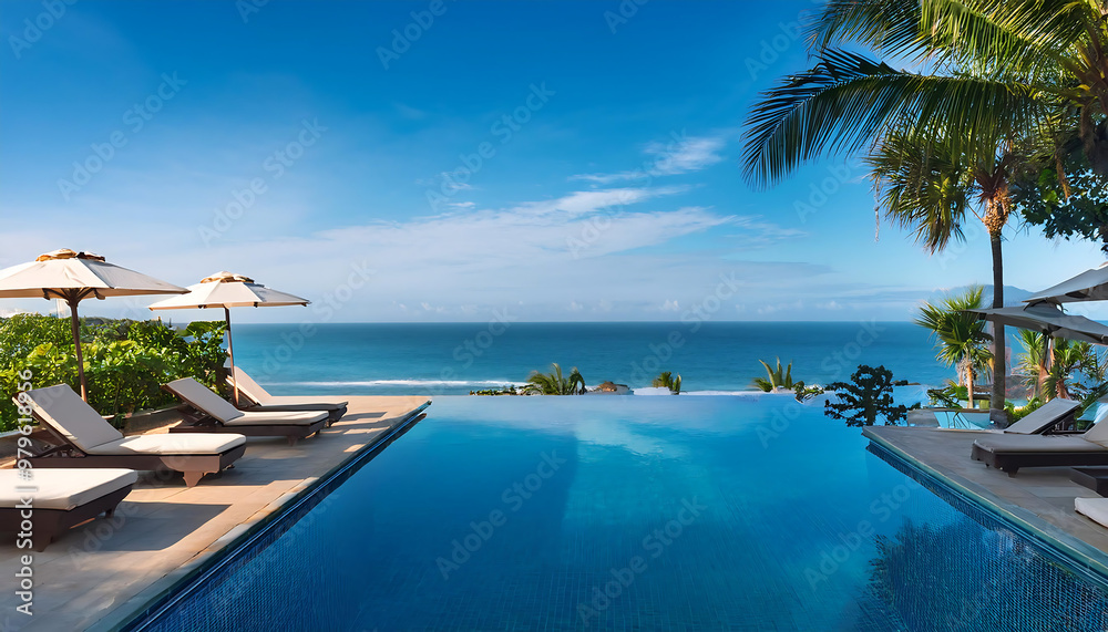 Fototapeta premium luxurious infinity pool overlooking tropical ocean sun loungers palm trees