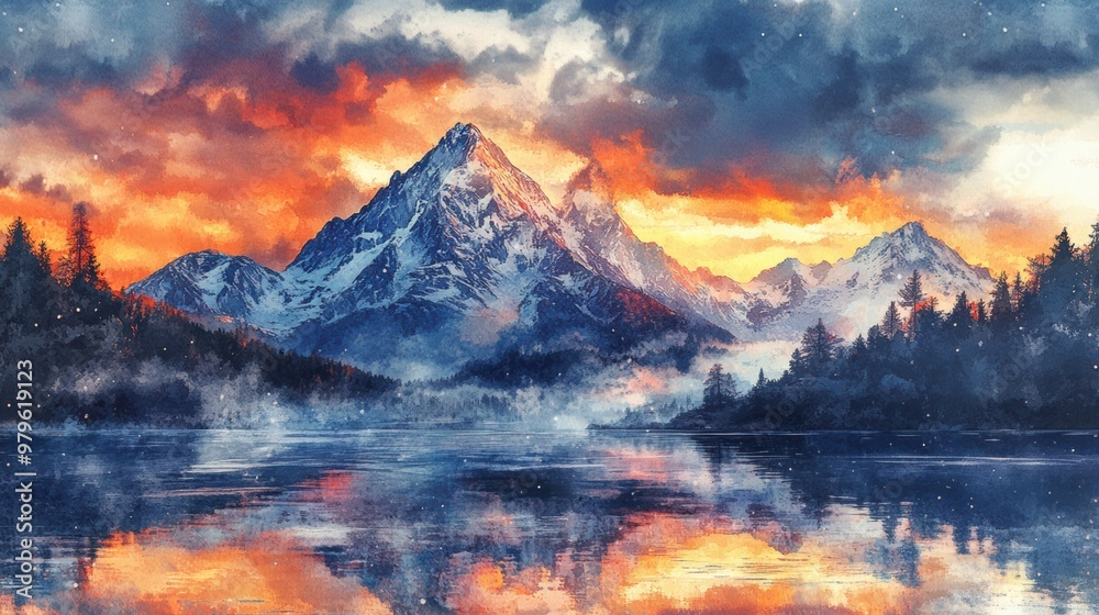 Obraz premium A stunning mountain landscape at sunset, featuring vibrant clouds reflecting in a serene lake, perfect for nature lovers.