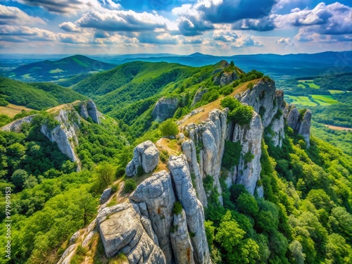 Rtanj mountain's rugged north side showcases exposed rocks, lush greenery, and serene atmosphere, evoking a sense of adventure and connection with Eastern Serbia's natural beauty. photo