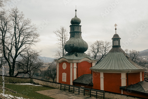 Calvary complex in Banska Stiavnica, Slovakia showing beautiful architecture and historic significance during winter photo