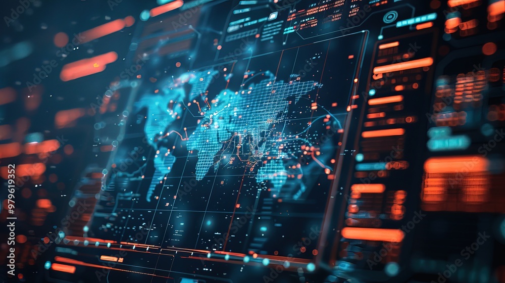 Futuristic digital interface with real-time crime prediction data, map highlighting high-risk areas and crime trends, clean dark background emphasizing advanced technology.
