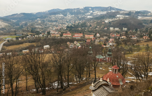 A view of Banska Stiavnica’s historic landscape with Calvary hilltop and winter scenery in Slovakia photo