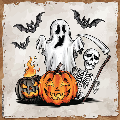 2d vector illustration Halloween t shirt icon design items ghost character Candles in carved pumpkin
