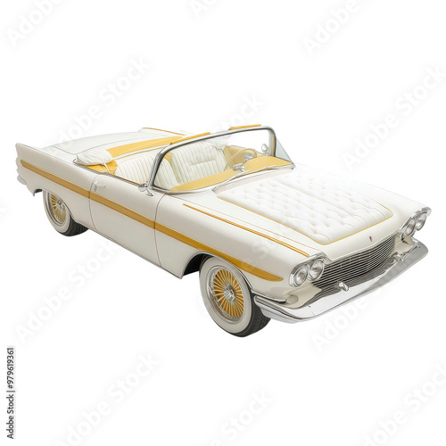 A white car with a yellow stripe and a gold rim