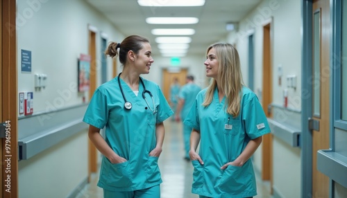 Two nurses in blue scrubs are talking to each other in a hallway