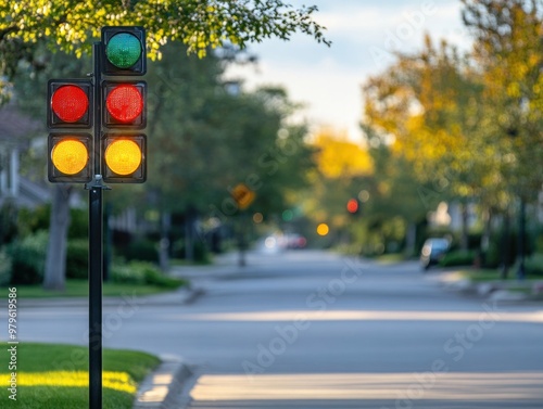 Brightly colored reflective traffic signs on a suburban street, ensuring visibility in low light conditions photo