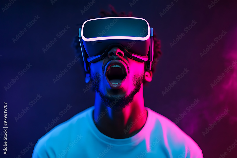 A person wearing a VR headset, expressing excitement in a colorful, illuminated environment. A person wearing a VR headset, expressing excitement in a colorful, illuminated environment.