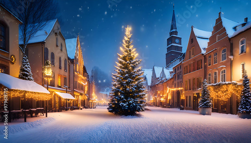 town street festive lights christmas tree square hyperrealistic photo
