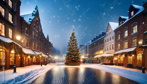 town street festive lights christmas tree square hyperrealistic photo