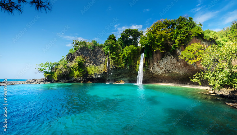 tropical lagoon cliffs waterfall flowing emerald waters tropical lagoon cliffs waterfall flowing emerald waters