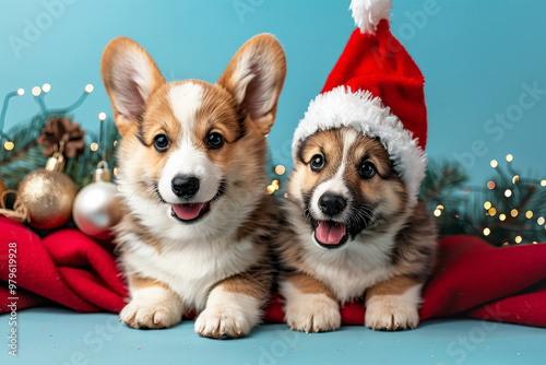 Two Adorable Corgi Puppy Dogs in Santa Hat Celebrating Christmas with Joyful Expression