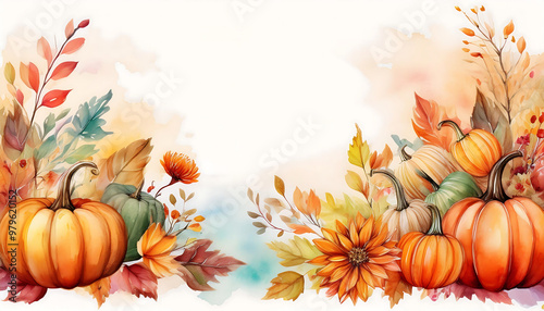 watercolor autumn background featuring pumpkins fall flowers leaves