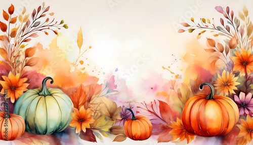 Fototapeta Naklejka Na Ścianę i Meble -  watercolor autumn background featuring pumpkins fall flowers leaves