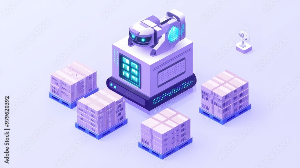 Fototapeta premium A futuristic robot managing pallets in a warehouse, symbolizing automation and efficiency in logistics and supply chain management.