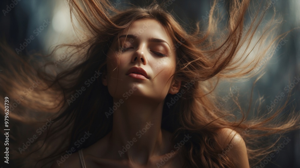 Young woman with flowing brown hair in serene pose Young woman with flowing brown hair in serene pose
