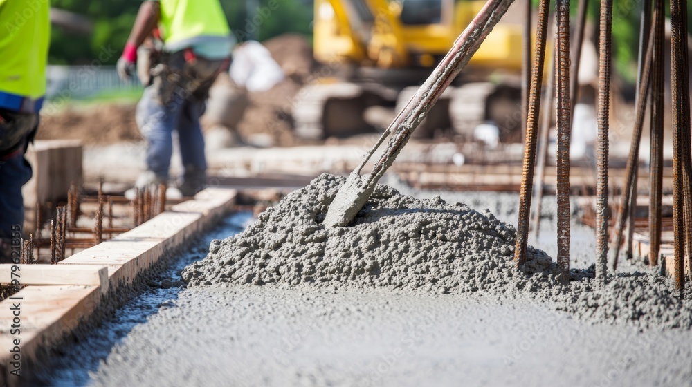 Naklejka premium Construction workers pouring fresh concrete at a building site with heavy machinery in the background.