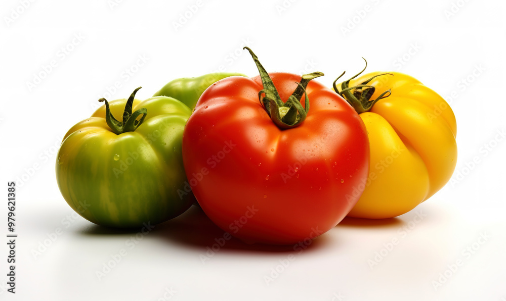 Big red, green and yellow tomatoes on white background Big red, green and yellow tomatoes on white background