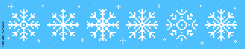 Set of snowflakes or winter icon in pixel art. Retro vector illustration. Set of snowflakes or winter icon in pixel art. Retro vector illustration.
