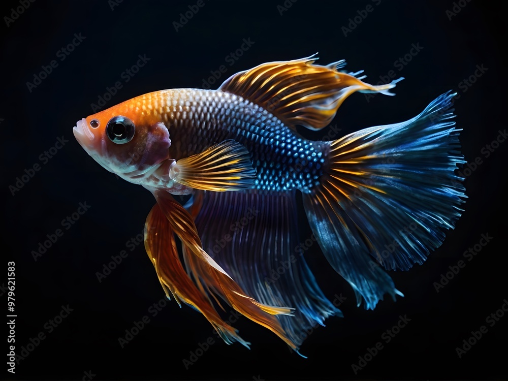 Fototapeta premium Colorful Siamese Fighting Fish with Flowing Fins Against Black Background