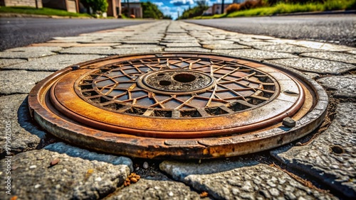 Rusty manhole cover with letter S, worn from years of use, lies in the middle of a cracked asphalt street in Hagerstown, Maryland. photo