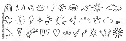 Collection of hand drawn crayon doodle shapes in punk and girly style. Vector illustration.