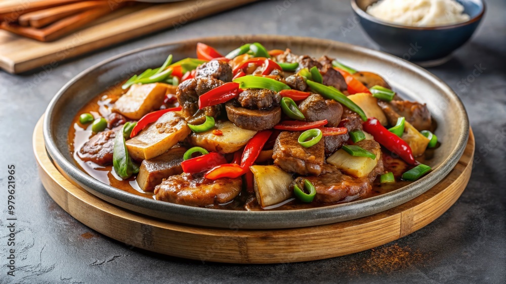 Savory rice cakes paired with tender beef strips, sautéed mushrooms, and crunchy capsicum, smothered in a rich XO sauce, served in a sleek dish on a neutral background. Savory rice cakes paired with tender beef strips, sautéed mushrooms, and crunchy capsicum, smothered in a rich XO sauce, served in a sleek dish on a neutral background.