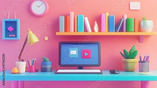 A 3D cartoon-style digital marketplace focused on tools for remote work and study, including animated desks, laptops, books, software icons, and a cozy home office backdrop with colorful decor