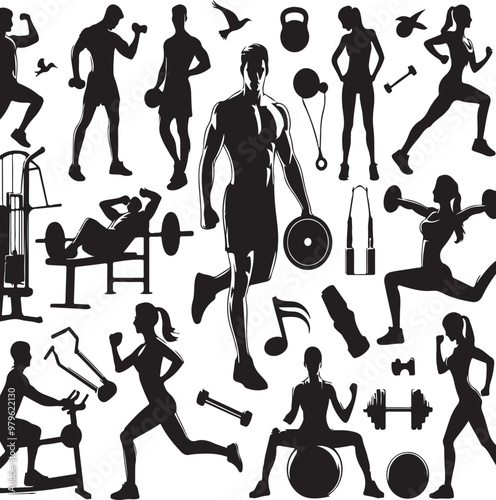 Fitness gym silhouettes , Fitness exercise silhouettes vector ,generative ai