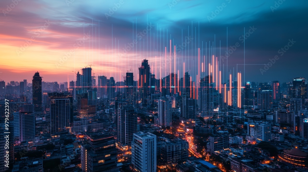 Fototapeta premium Stunning city skyline at sunset with vibrant colors and illuminated buildings, showcasing an urban landscape in twilight.