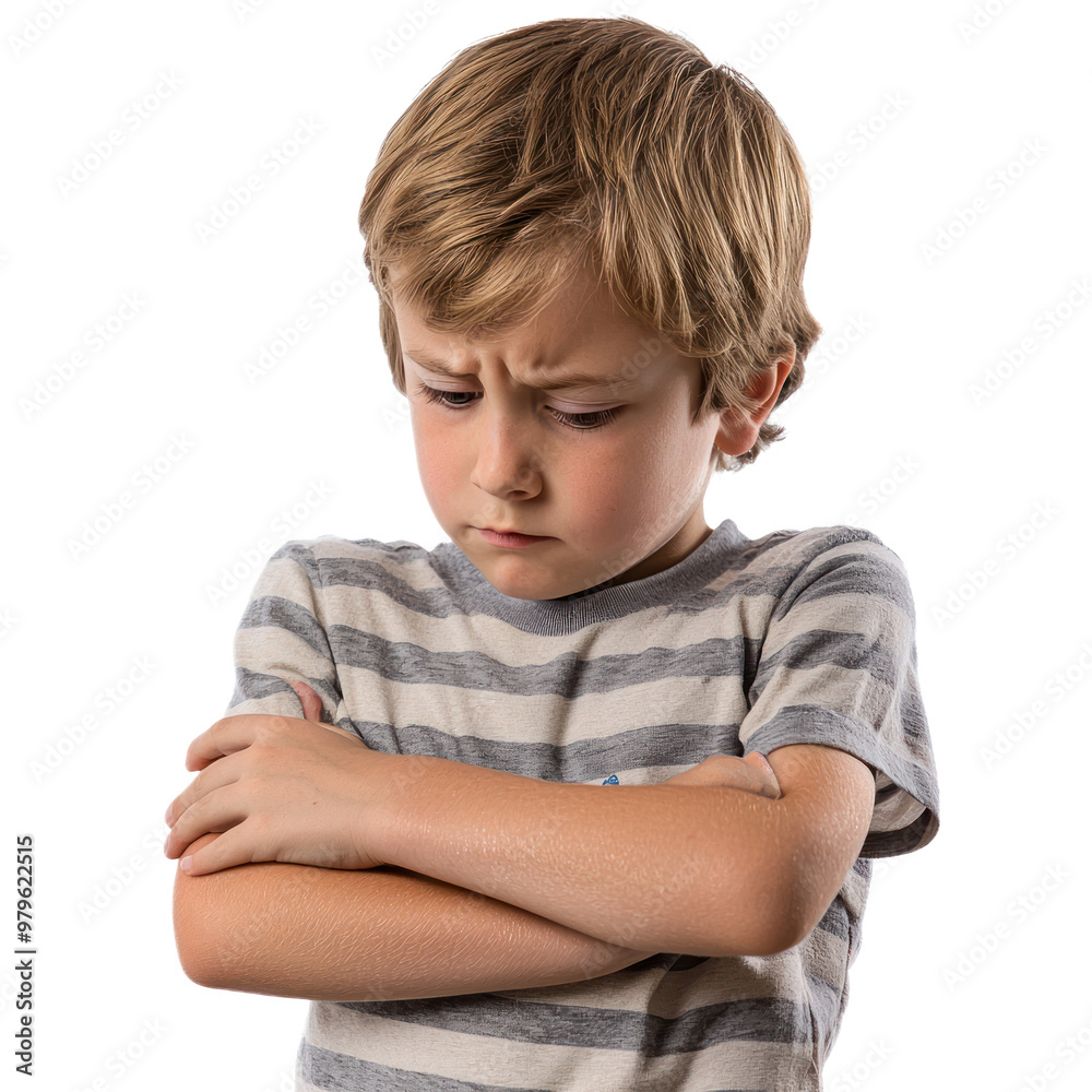 A kid with arms folded tightly over their chest, looking downward with a shy, uncertain expression. isolated on transparency background A kid with arms folded tightly over their chest, looking downward with a shy, uncertain expression. isolated on transparency background