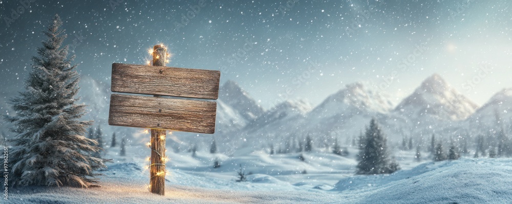 Rustic wooden sign in a snowy mountain landscape. Rustic wooden sign in a snowy mountain landscape.
