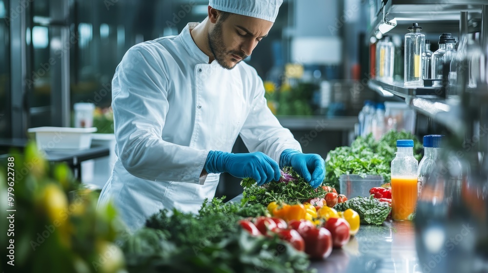 A chef prepares fresh vegetables and fruits in a modern kitchen, showcasing culinary skills and vibrant ingredients. A chef prepares fresh vegetables and fruits in a modern kitchen, showcasing culinary skills and vibrant ingredients.
