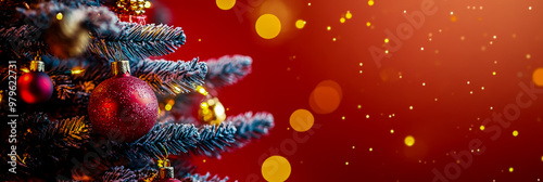 Christmas tree with toys on a red background, banner design, space for text, close-up, photo