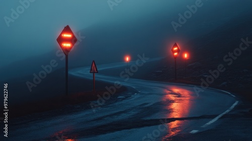 Reflective traffic signs illuminated at night on a foggy mountain road, guiding drivers safely along the twists and turns