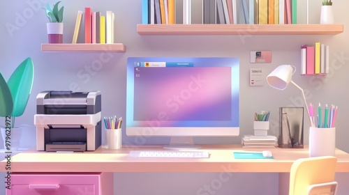 Cartoon 3D style of an online store specializing in office supplies, with animated desks, stationery items, printers, and organizers, and a digital workspace environment