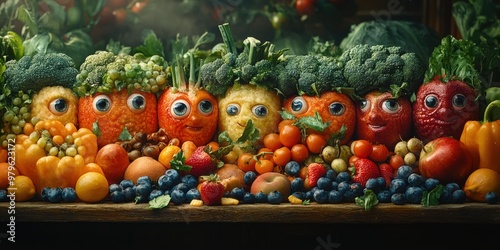 A vibrant urban environment where every vegetable and fruit has a face and lively personality