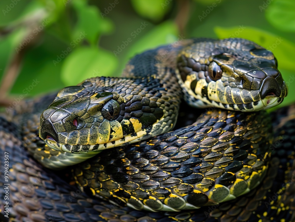 Two snakes intertwined on a branch, with green foliage in the background. Two snakes intertwined on a branch, with green foliage in the background.