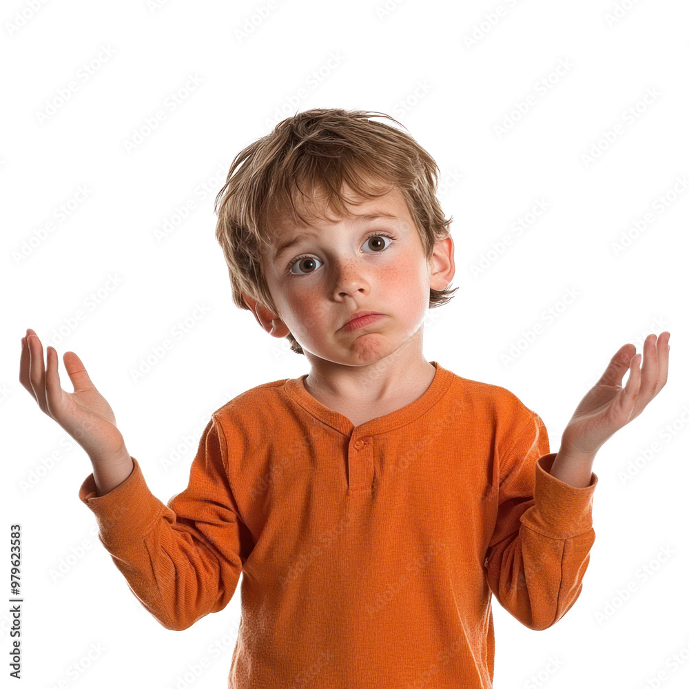 A kid with arms outstretched, palms up, head tilted to the side, and an unsure look on their face. isolated on transparency background A kid with arms outstretched, palms up, head tilted to the side, and an unsure look on their face. isolated on transparency background