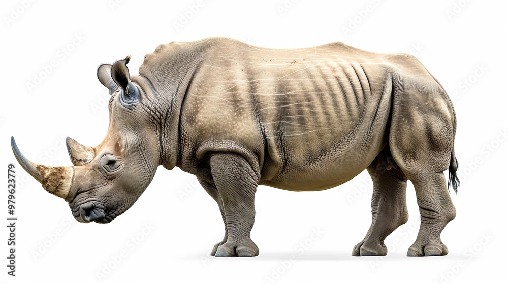 Fototapeta premium Fauna of the African savanna, endangered species and large mammals concept theme with an adult rhino isolated on white background