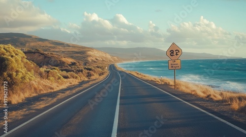 Speed limit signs along a coastal road, with the ocean in the background and a cool breeze sweeping across the asphalt photo