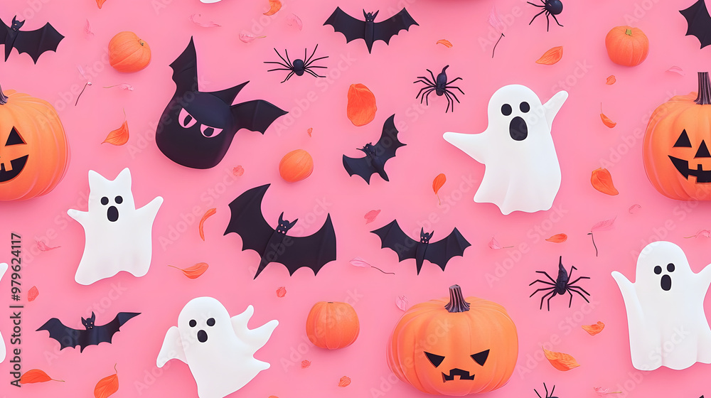 Decorative halloween patterns with ghosts, cats, bats, spiders, witch hats, jack-o'-lanterns and more in pink. Decorative halloween patterns with ghosts, cats, bats, spiders, witch hats, jack-o'-lanterns and more in pink.