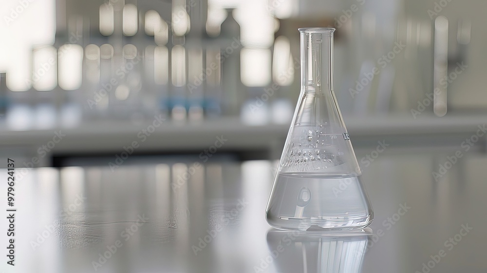 Close-up of glass beaker with clear liquid and floating indicator showing high lead levels, set on white countertop with copy space for text or design. Close-up of glass beaker with clear liquid and floating indicator showing high lead levels, set on white countertop with copy space for text or design.