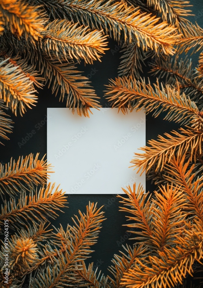 Naklejka premium Dark background with gold pine branches and white card