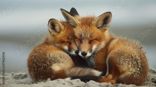 Wild baby red foxes cuddling at the beach