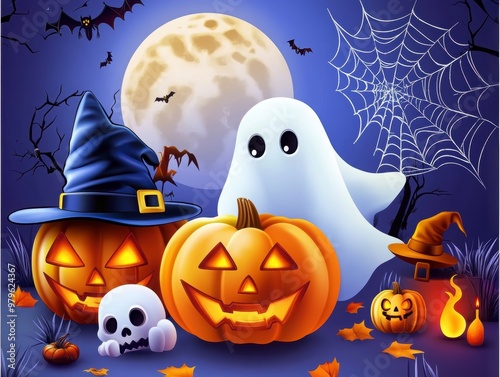 Spooky Halloween Ensemble with Pumpkins and Ghosts