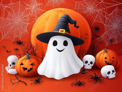 Spooky Halloween Ensemble with Pumpkins and Ghosts